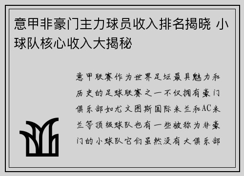 意甲非豪门主力球员收入排名揭晓 小球队核心收入大揭秘